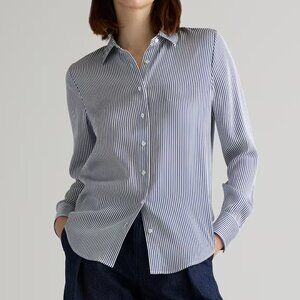 Quince Silk White Blouse with Navy Vertical Stripes